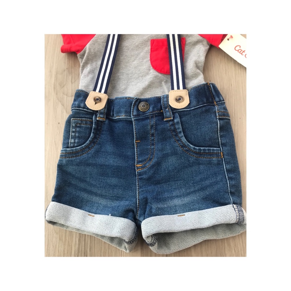 CAT & JACK BABY SHIRT & SHORTS SUSPENDER SET OUTFIT SIZE 0-3 MONTHS - Picture 5 of 6